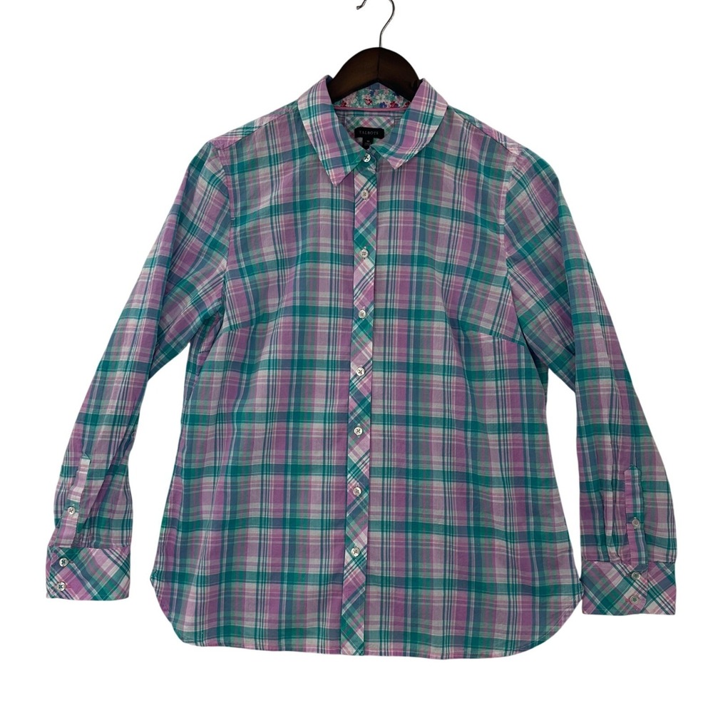 Talbots Plaid‎ Button Down Shirt Womens Medium Purple Teal Excellent Long Sleeve